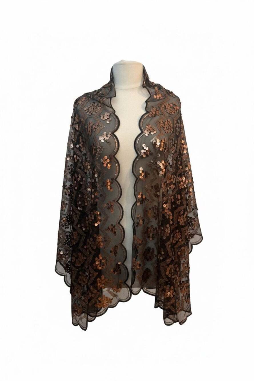 Joan Rivers Black Sequin and Lace Shawl Wrap